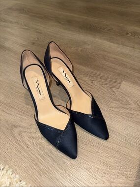 Nina Navy Satin Pointed D'Orsay Heels with Subtle Sparkle